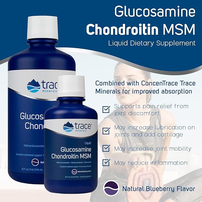 Trace Minerals Liquid Glucosamine Chondroitin MSM | Complete Dietary Supplement for Active Lifestyle | Supports Joints, Cartilage & Mobility | Natural Blueberry Flavor | 32 Servings, 32 fl oz