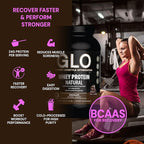 GLO Health Foods Cold Processed Whey Protein - Chocolate Flavor - 24g Protein per Serving - Whey with Digestive Enzymes & BCAAs - Supports Muscle Growth, Strength & Recovery - 2 LB (28 Servings)