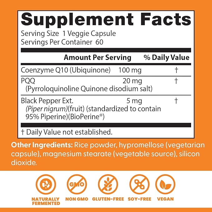 Doctor's Best High Absorption CoQ10 with PQQ Supplement - Coenzyme Q10 Caps for Heart Health & Cognitive Support, Naturally Fermented CoQ10 100mg for Women & Men, Non GMO, Vegan - 60 Veg Capsules