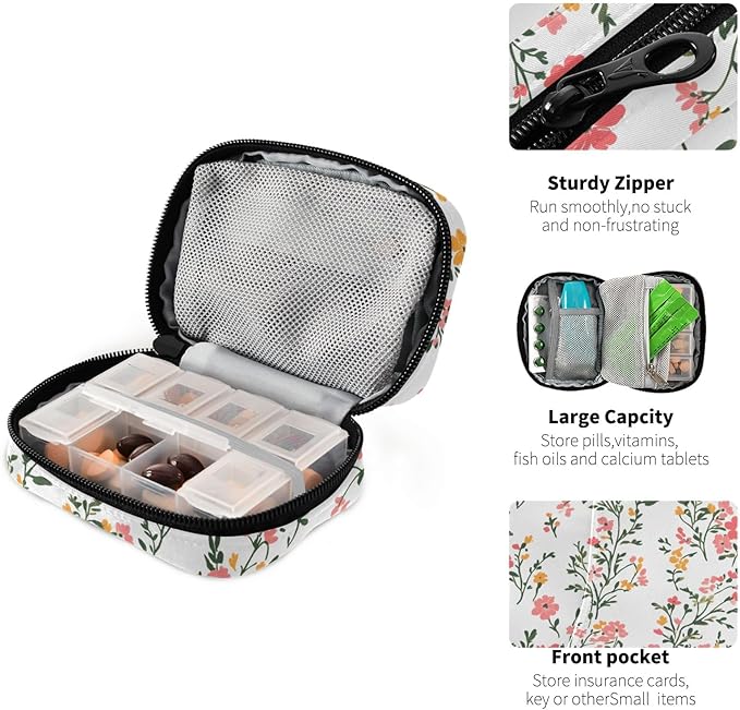 Floral Weekly Medicine Pill Organizer Travel Pill Case Box Holder Container Small for Vitamin Supplement