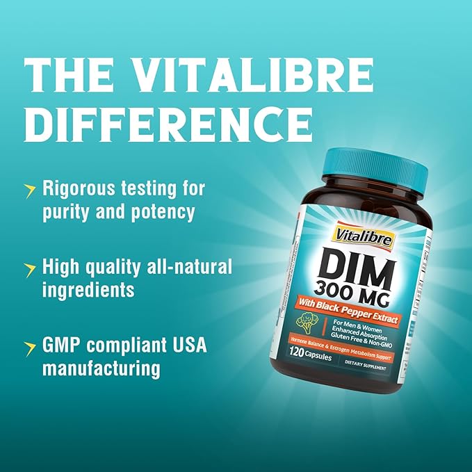 DIM Supplement for Women & Men, Estrogen Metabolism, Hormone Balance & Menopause Support, DIM 300 mg with Black Pepper Extract, High Absorption, 120 Capsules