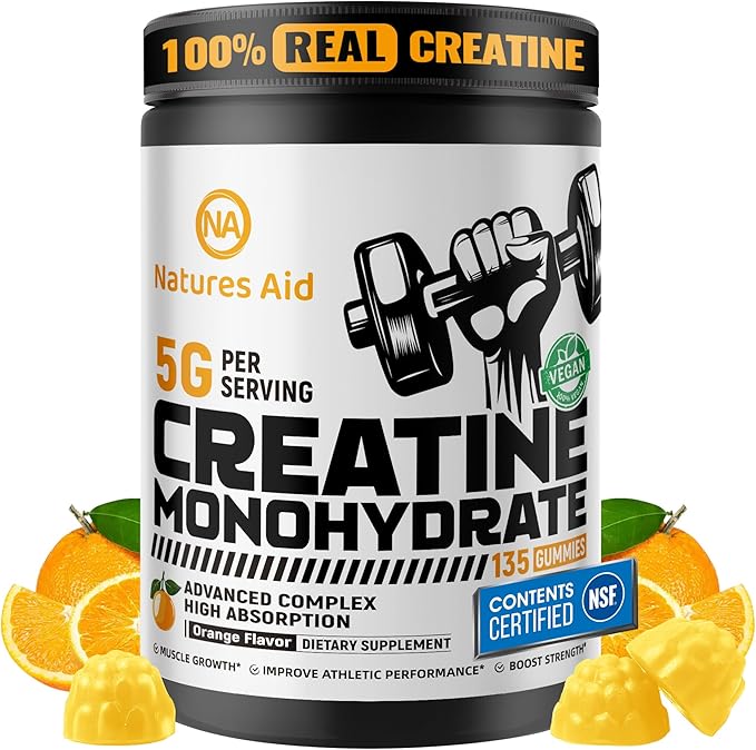 Natures Aid NSF Certified Creatine Gummy 5g - Creatine Monohydrate Gummies – Pre-Workout Energy & Muscle Growth Support for Men & Women | Orange Electrolyte Gummies (135 Count)