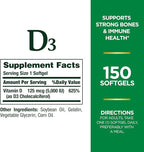 Nature's Bounty Vitamin D3, Immune and Bone Support, 5000IU, Rapid Release Softgels, 150 Ct (Pack of 2)