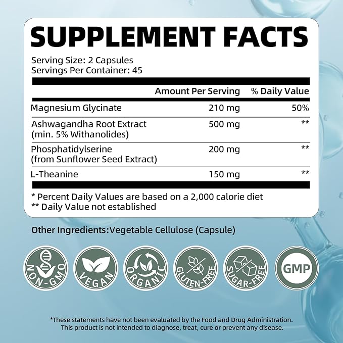 Cortisol Supplement for Women and Men, 4-in-1 Cortisol Reducer with Magnesium Glycinate, Ashwagandha, Phosphatidylserine, L-Theanine, for Relaxation & Calm Support, 90 Veg Caps