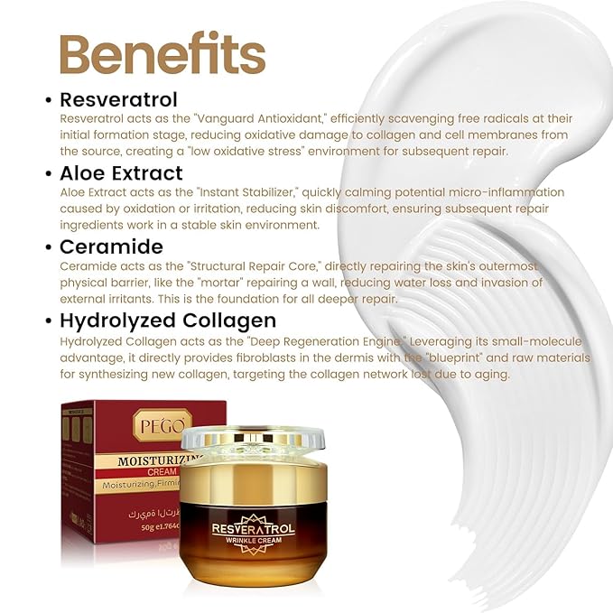 Resveratrol Wrinkle Cream, Anti Aging Face Cream for Women, Promote Firmer Skin & More Even Skin Tone, Lightweight Hydrating Facial Moisturizer, Improves Skin Elasticity, Repairs Damage, 50g/e1.764oz