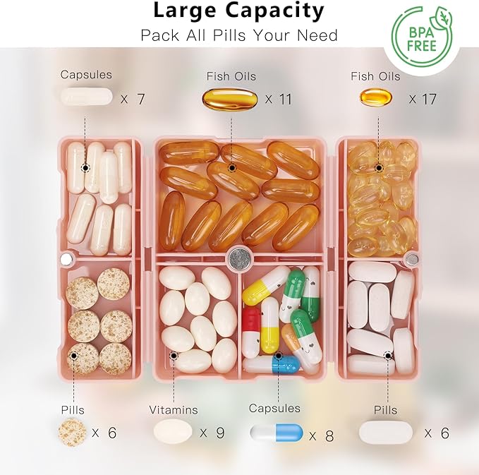 FYY Daily Pill Organizer,2 Pcs 7 Compartments Portable Pill Case Travel Pill Organizer,[Folding Design] Pill Box for Purse Pocket to Hold Vitamins,Cod Liver Oil,Supplements and Medication-Pink+Navy