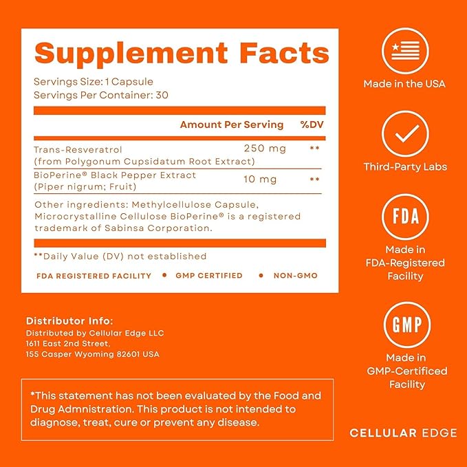 Trans-Resveratrol 250mg (≥98% Pure) with BioPerine® | Made in USA | Third-Party Tested | Cellular Health & Longevity Support | Vegan | 30 Capsules