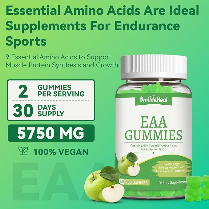 SmideHeal EAA Gummies, 5750 mg Essential Amino Acids - All 9 Essential Aminos (EAA) and All Branched-Chain Aminos (BCAAs), Non-GMO, Gluten Free, Vegetarian Friendly, Apple Flavor, 120 Gummies