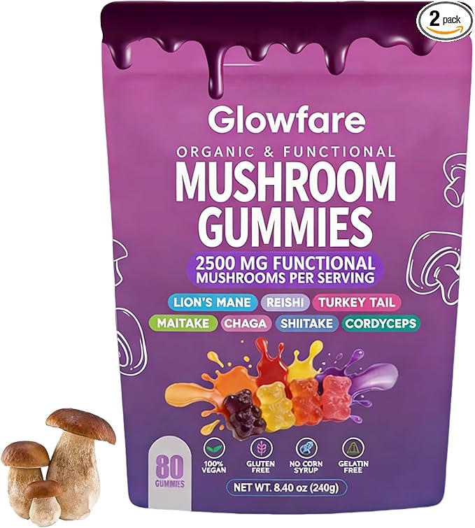 Mushroom Gummies, Organic & Functional Mushroom Gummies, Glow Fare Mushroom Gummies, Supplement for ImmuneDefense, Immune, Boosts Cognitive Performance and Energy, 80 Gummies (1PCS)