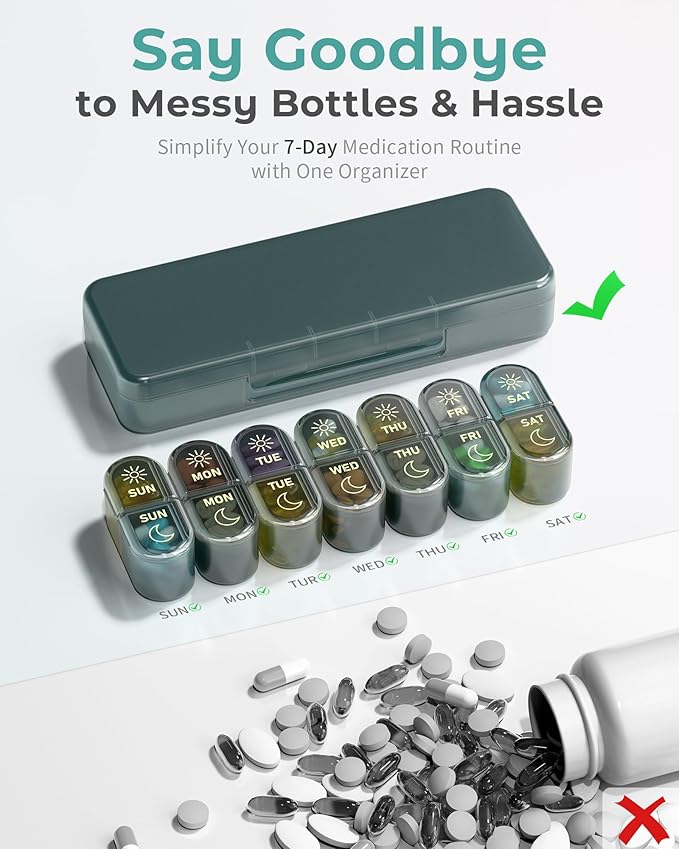 Pillex Pill Organizer 2 Times a Day, AM PM Pill Box 7 Day, Weekly Medicine Organizer with Large Capacity, Travel Pill Case for Medication, Vitamins, Fish Oils, Supplements (Easy to Use, Portable)