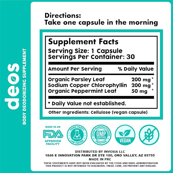 DEOS Internal Deodorant Supplement – Full Body Deodorizer for Gut Health, Skin Health, Detox & Digestion Support – Natural Odor Control Chlorophyll Pills | 30 Capsules