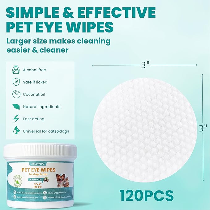 Eyes Wipes for Dogs & Cats 120 Counts, Grooming Kit Care for Dogs and Cats, Prevent Tear Stains, Eye Debris, Discharge, Mucus Secretions,Coconut Scent