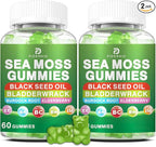 Sea Moss Gummies – Irish Sea Moss with Black Seed Oil, Bladderwrack, Burdock Root for Immune & Detox Support, Vegan Green Apple Flavor Gummies for Adults, Kids, Men, Women - 60 Gummies