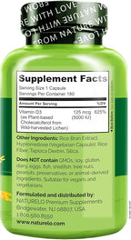 NATURELO Vitamin D - 5000 IU - Plant Based from Lichen - Natural D3 Supplement for Immune System, Bone Support, Joint Health - High Potency - Vegan - Non-GMO - Gluten Free - 180 Capsules