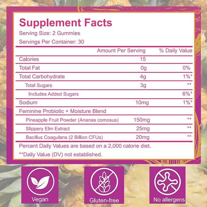 Feminine Probiotic + Moisture Gummies | Bacillus coagulans & Slippery Elm |Supports Intimate Comfort, Pineapple Flavor | 60 Count (1)