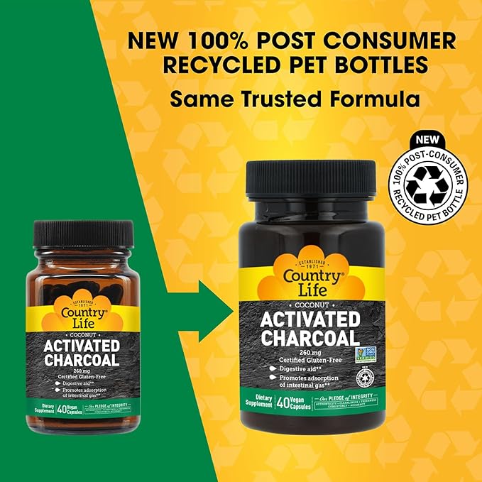 Country Life Coconut Activated Charcoal Capsules, 260mg – Natural Charcoal Supplement for Gas and Bloating Relief - Gluten-Free, 40 Vegan Capsules