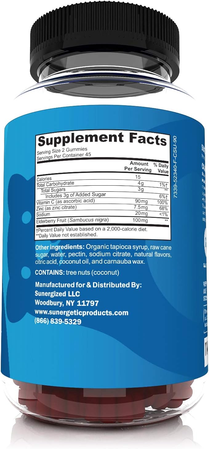 Sunergetic Premium Black Elderberry Gummies – Black Elderberry with Vitamin C & Zinc – Helps Support Immune System – Great Tasting Sambucus Elderberry Gummies – Raspberry Flavored – 90 Gummies