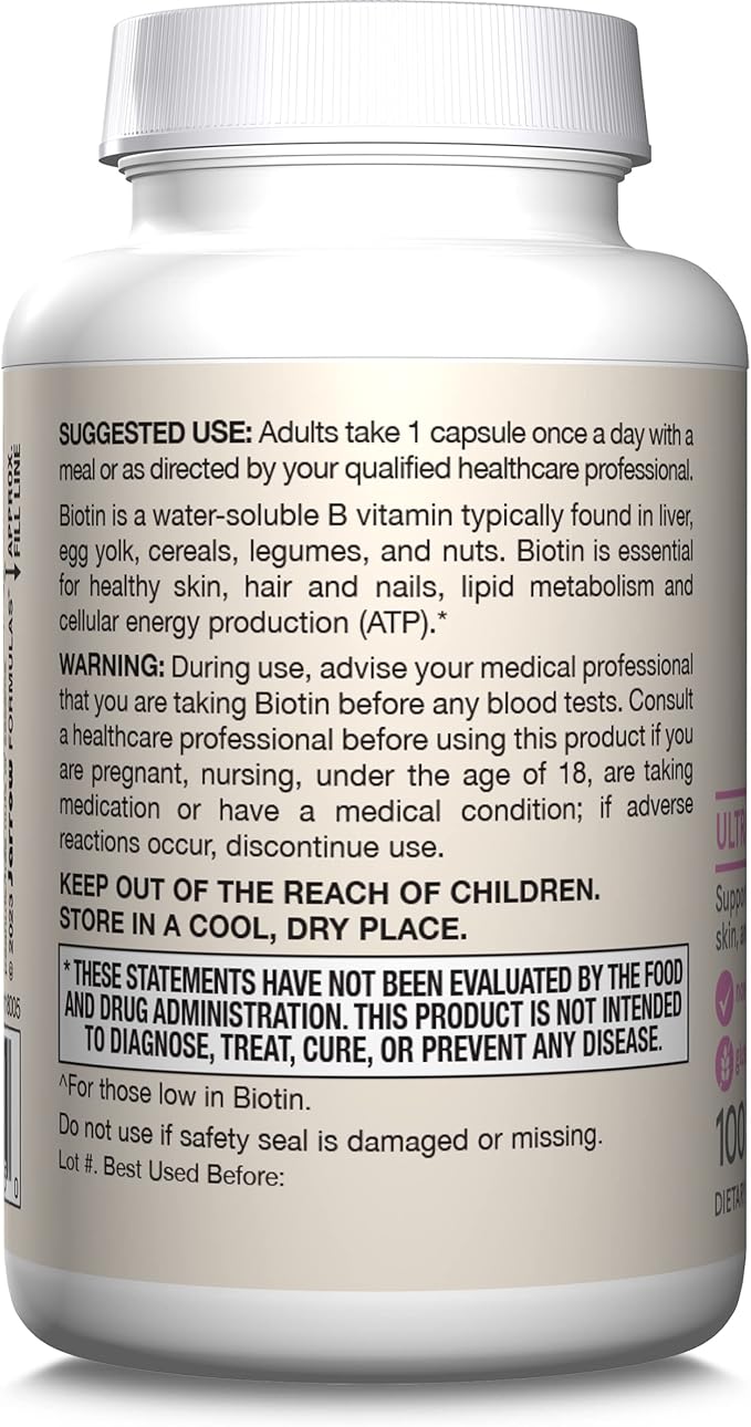 Jarrow Formulas® Biotin Ultra Strength 5000 mcg, Dietary Supplement, Hair, Skin, and Nails Support, 100 Veggie Capsules, Up to 100 Day Supply