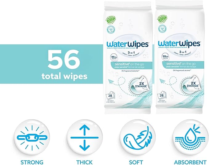 WaterWipes Sensitive+ On The Go Wipes,3-In-1 Cleans,Cares,Protects,99.9% Water,Unscented & Hypoallergenic Wet Wipes,28 Count (Pack of 2)