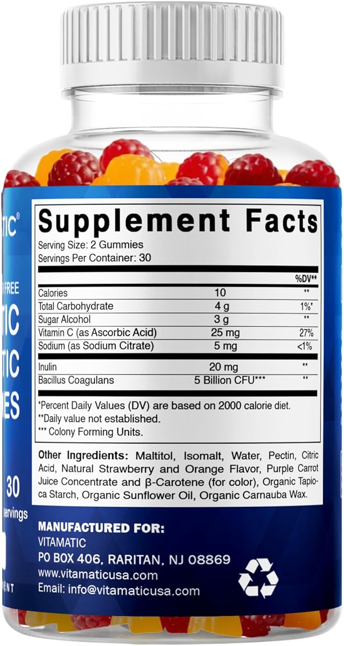 Vitamatic Sugar Free Probiotic Gummies for Men and Women – 5 Billion CFUs - 60Gummies per Bottle | 2 Pack (120 Gummies) Digestive, Immune & Gut Health Support – Gluten Free