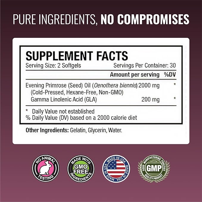 Approved Science Evening Primrose Oil - Maximum Strength - Cold Pressed - 10% GLA - Hormonal Balance, Skin and Heart Health - 60 Softgels - All Natural