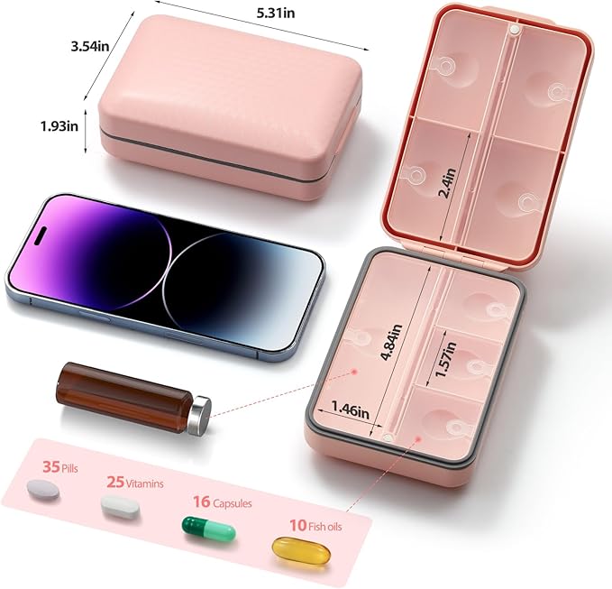 Daily Pill Organizer, 8 Compartments Portable Pill Case Travel Pill Organizer, Pill Container Large for Purse Pocket to Hold Vitamins, Cod Liver Oil, Supplements and Medication, Pink