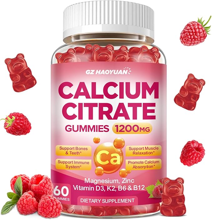 Calcium Citrate Gummies - 1200mg Calcium Gummies Supplements for Women & Men with Vitamin D3, K2, Magnesium, Zinc High Absorption for Bone, Muscle & Immune Support, Raspberry Flavor, 60 Count