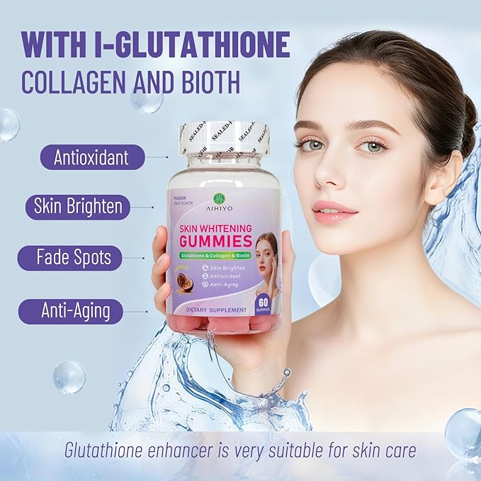 AIHIYO Skin Whitening Gummies, with I-Glutathione, Collagen and Bioth, Antioxidant & Skin Brighten, Anti-Aging, 60 Count