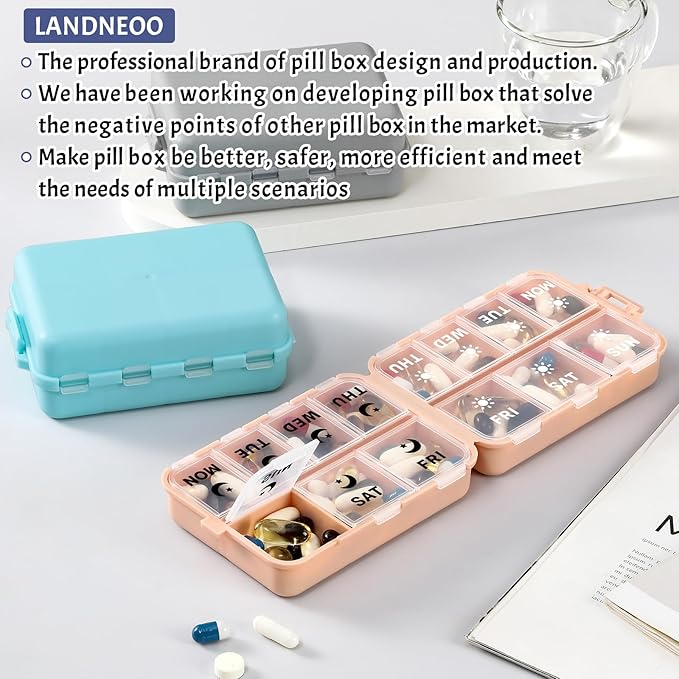Foldable & Portable Weekly Pill Organizer 2 Times a Day with Clear Printed Labels - 7 Day AM PM Medicine Box, Week Daily Travel Pill Meds Case Holder for Medications, Vitamin, Supplement - Blue