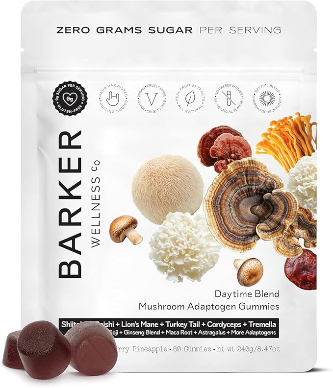 Barker Wellness Daytime Sugar-Free Adaptogen Mushroom Gummies - Lion's Mane, Cordyceps, Reishi & Shiitake | Vegan, Immune System Support, Natural Energy, Enhanced Focus & Mood for Adults | 60 Count
