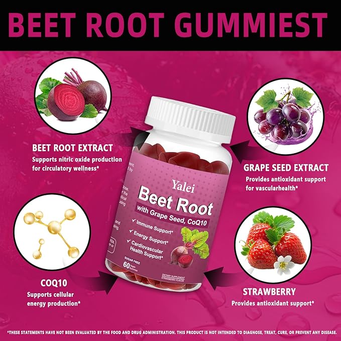 Beet Root Gummies for Blood Pressure | Sugar-Free | Beetroot Supplement with 1000 mg Beet Root, 1000 mg Grape Seed Extract & 200 mg CoQ10 | Vegan Non-GMO | Strawberry Flavor