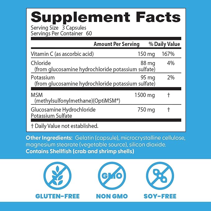 Doctor's Best Synergistic Glucosamine with MSM Formula - Joint Health Support Supplement for Women & Men, Features Vitamin C, Potassium, & Chloride, Non-GMO, Gluten Free, Soy Free - 180 Capsules