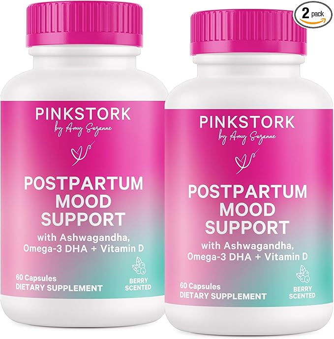 Pink Stork Postpartum Mood Support - Postnatal Hormone Balance for Moms - Breastfeeding Friendly - Stress & Cognitive Support, Postpartum Essentials - Ashwagandha, Chamomile, & Vitamin D, 120 Capsules