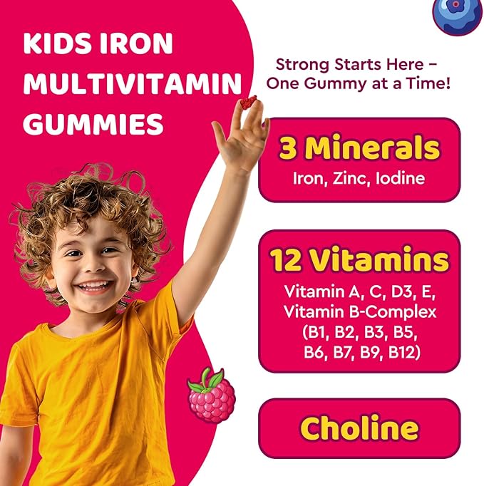 Iron Supplement Gummies for Kids, Kids Multivitamin with Iron Gummies - Zinc, Vitamin B Complex, A, C, D3, B12, Folate for Blood Builder & Energy Support, Iron Deficiency, Vegan Mixed Berry 60ct