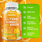 L-Lysine Gummies 500mg, Lysine Gummies Supplement for Immune Support & Skin Health, Collagen Formation Support, Vegan, Gluten Free Chewable Supplement for Adults & Kids, Orange Flavor, 60 Count