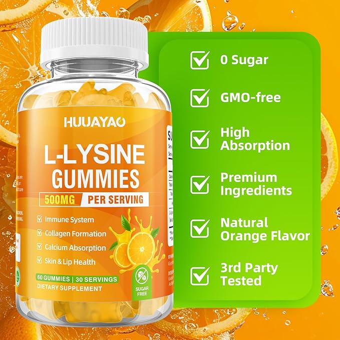 L-Lysine Gummies 500mg, Lysine Gummies Supplement for Immune Support & Skin Health, Collagen Formation Support, Vegan, Gluten Free Chewable Supplement for Adults & Kids, Orange Flavor, 120 Count