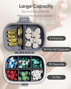 Holii Travel Pill Organizer, 8 Compartments Portable Pill Case, Daily Pill Box to Hold Vitamins, Small Pill Container for Pocket Purse Medicine Organizer（Gray）