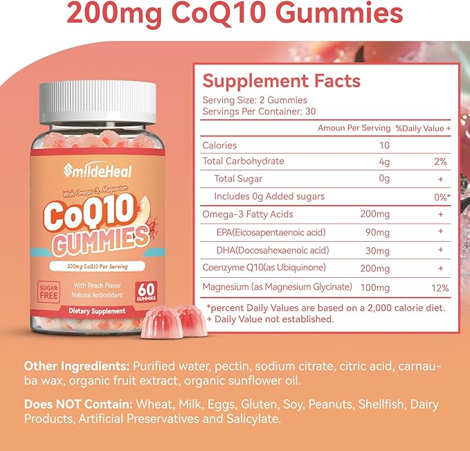 CoQ10 Gummies 200 MG, with Omega-3, EPA + DHA, & Magnesium - Coenzyme Q10 Supplements for Hear-t Health, Cellular Energy & Antioxidant, Vegan - 120 Counts
