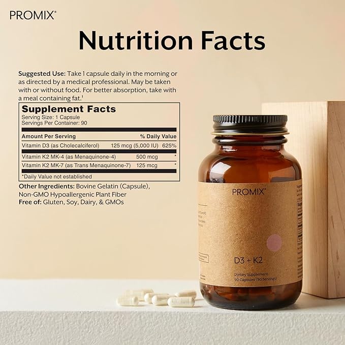 ProMix Nutrition Vitamin D3 K2 5000iu Supplement | MK4 & MK7 | Soy & Gluten Free - 90 Count Capsule