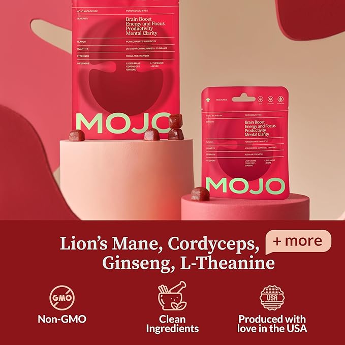 Mojo Focus Gummies w/Lion’s Mane, Panax Ginseng, Ginger Root, Cordyceps, Brain Supplement Memory/Focus Support Adults Nootropic Mushroom Gummies, Pomegranate Hibiscus, Regular Strength (3 Pack)