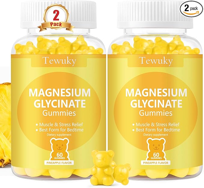 Magnesium Glycinate Gummies 2 Bottles, Sugar-Free for Adults & Kids, Magnesium Gummies for Sleep, Stress & Muscle Relief, Supports Bone & Nerve Health, Vegan, Pectin-Based, Pineapple Flavor