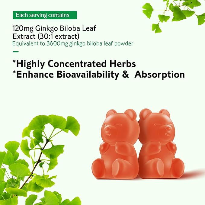 Ginkgo Biloba Gummies for Women and Men, Brain Supplement Improve Better Mood and Focus, Vegan Mixed Berry Flavor 60 Count