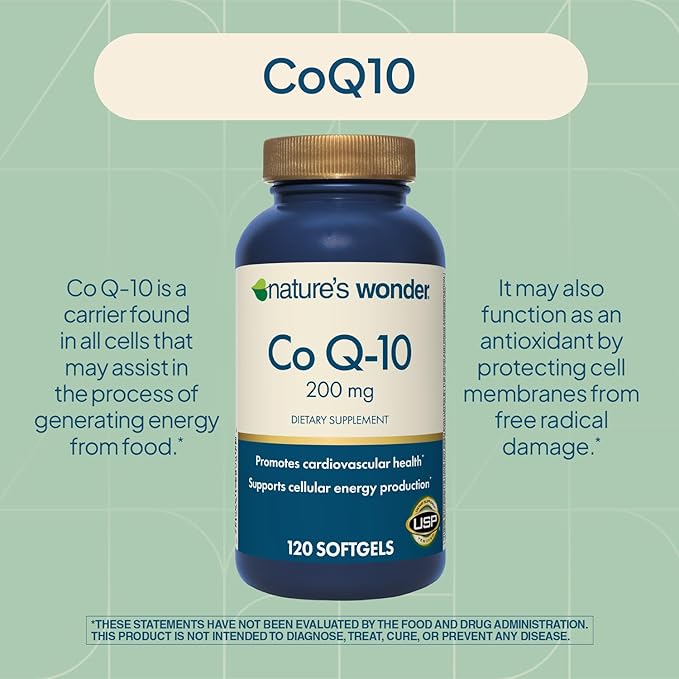 Nature's Wonder CoQ10 Supplement - CoQ10 200mg Softgels to Support Heart Health, Cardiovascular Function, and Cellular Energy Production, 120 Softgels, 120 Days Supply