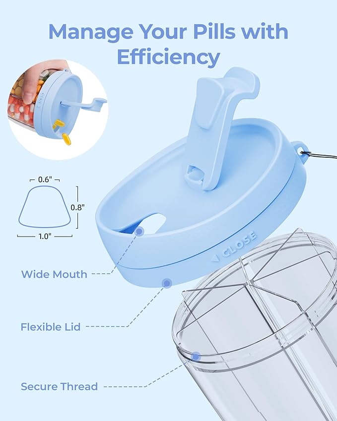 AMOOS Large Pill Dispenser with 6 Compartments, Anti-Mix Pill Bottle Organizer with Wide Opening & Easy Retrieval, Vitamin Organizer for Travel, BPA-Free Pill Box with a Strap, Blue