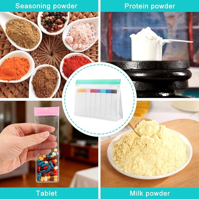 Protein Powder Travel Container Set, Reusable Powder Supplement Container To Go, 28Pcs Single Dose Bags & 4Pcs Large Zip Bags with Funnels, Spoons and Labels(COLOR:32 Pack)