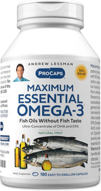 ANDREW LESSMAN Maximum Essential Omega-3 Mint - 180 Softgels - Ultra-Pure, High Potency Omega-3 Oils. High DHA, No Stomach Upset, No Contaminants, No Mercury. Small Easy to Swallow Softgels