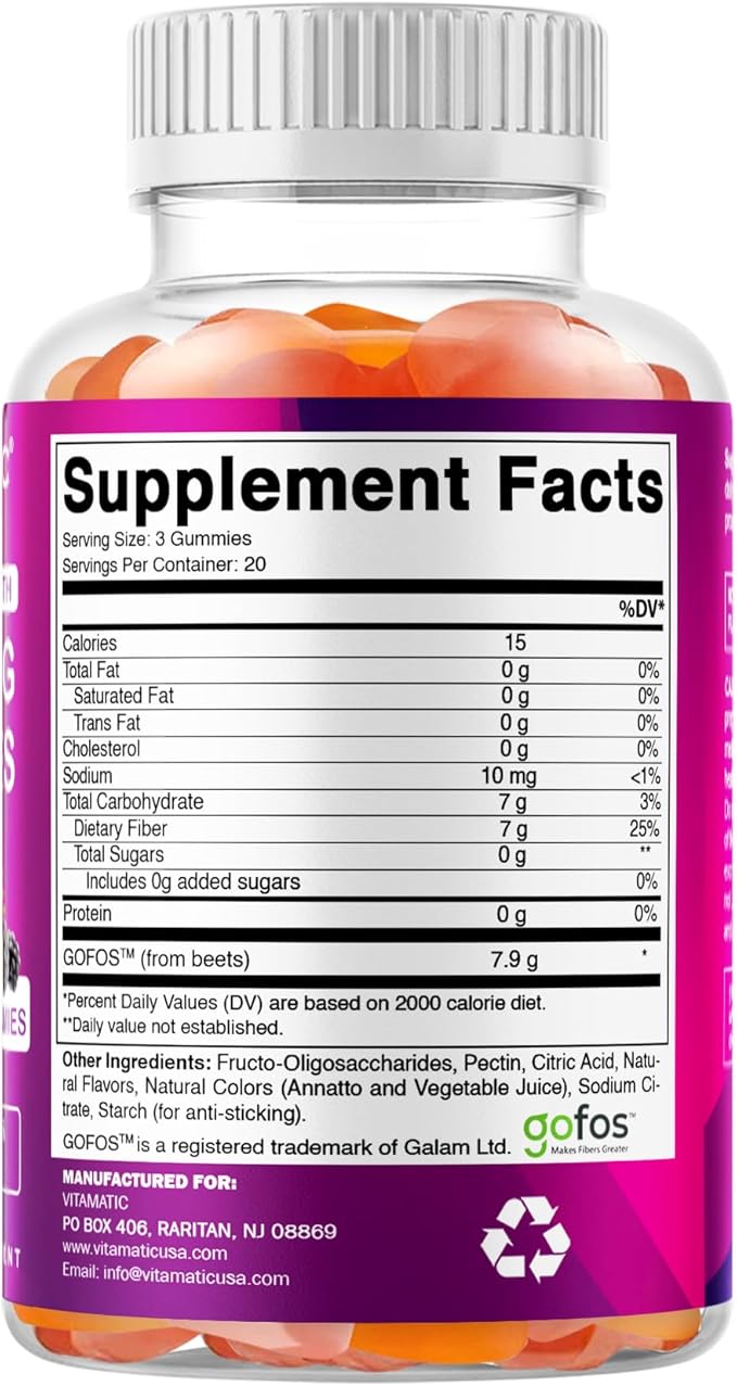 Vitamatic Prebiotic Fiber Gummies for Adults – 7g Fiber per Serving – 60 Pectin-Based Gummies Extra Strength, Zero Sugar Added – Supports Digestive Health & Regularity – Non-GMO, Vegan, Gluten-Free