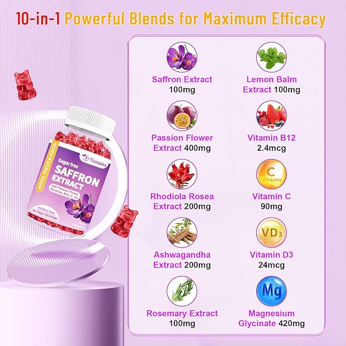 Saffron Gummies, 10 in 1 Saffron Supplements Gummies with Magnesium, Ashwagandha & Rhodiola Rosea, Sugar Free Vegan Mixed Berry Flavor - 60Cts
