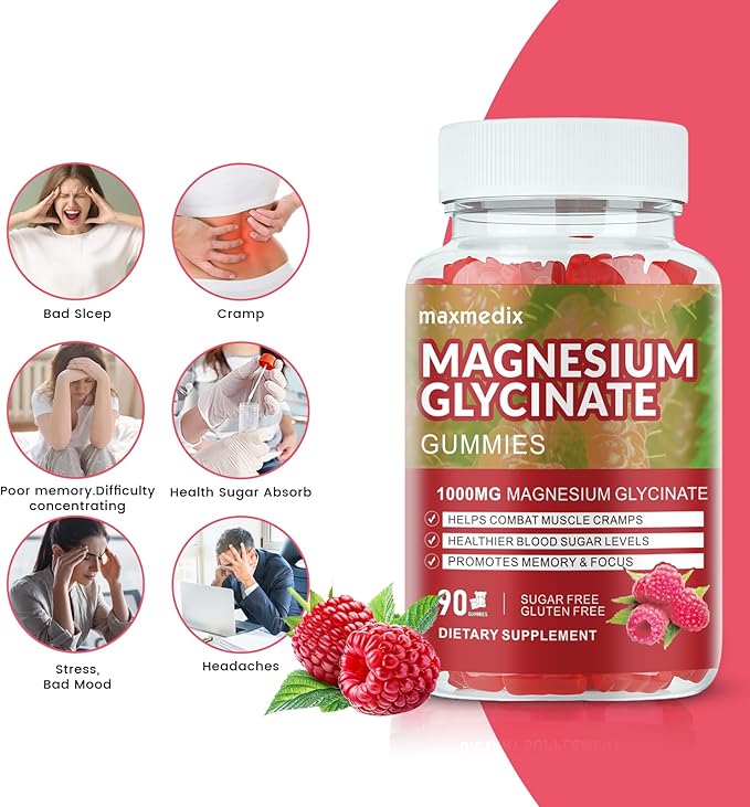 Magnesium Glycinate Gummies 1000mg, Sugar Free Magnesium Potassium Supplements Chewable for Adults with L-Threonate for Sleep, Body Support and Relaxation,90 Raspberry Gummies