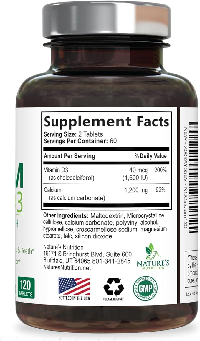 Calcium Supplement with Vitamin D3-1200 mg Calcium per Serving with D3 for Best Absorption - Supports Immune Health, Bones & Teeth - Nature's Calcium is Bottled in USA for Women & Men - 120 Tablets